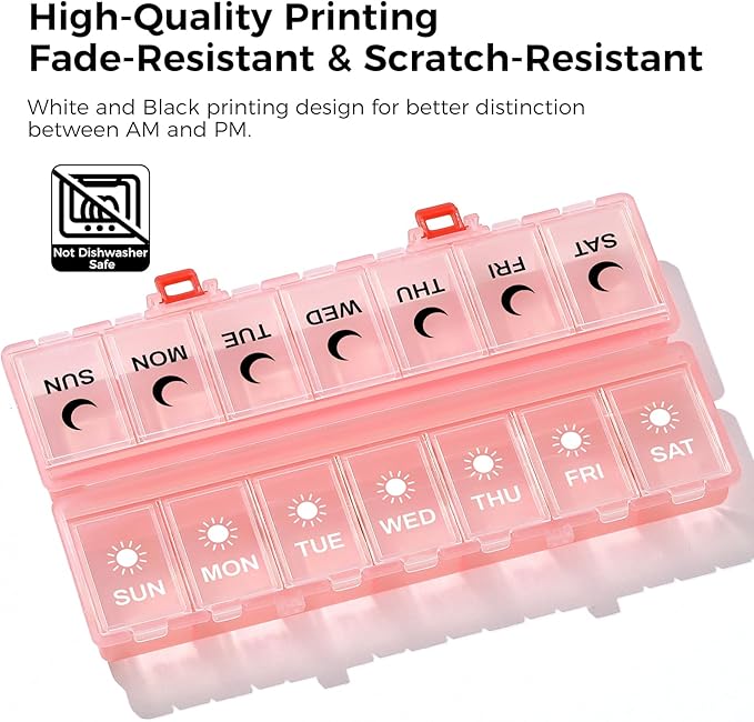 Foldable Pill Organizer Weekly 2 Times a Day, 7 Day Portable AM PM Travel Pill Case with Black&White Labels, Dual-Protection Daily Medicine Box, Large Pill Container for Vitamin/Supplement-Clear Pink