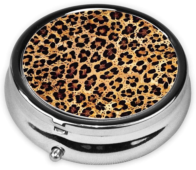 Cheetah Leopard Brown Print Round Metal Pill Box with 3 Compartment for Pocket or Purse Travel Bag Mini Small Size 2 inche