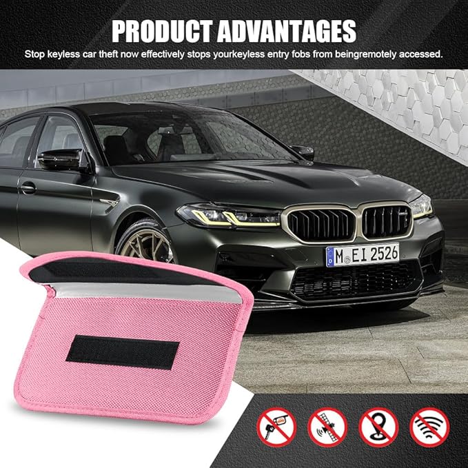 2PCS Faraday Bags for Car Key and Cell Phone, Signal Blocking Bag, Faraday Key Fob Protector, Universal Cell Phone Privacy Card Protection Car Accessories for Anti-Thefting (Pink)
