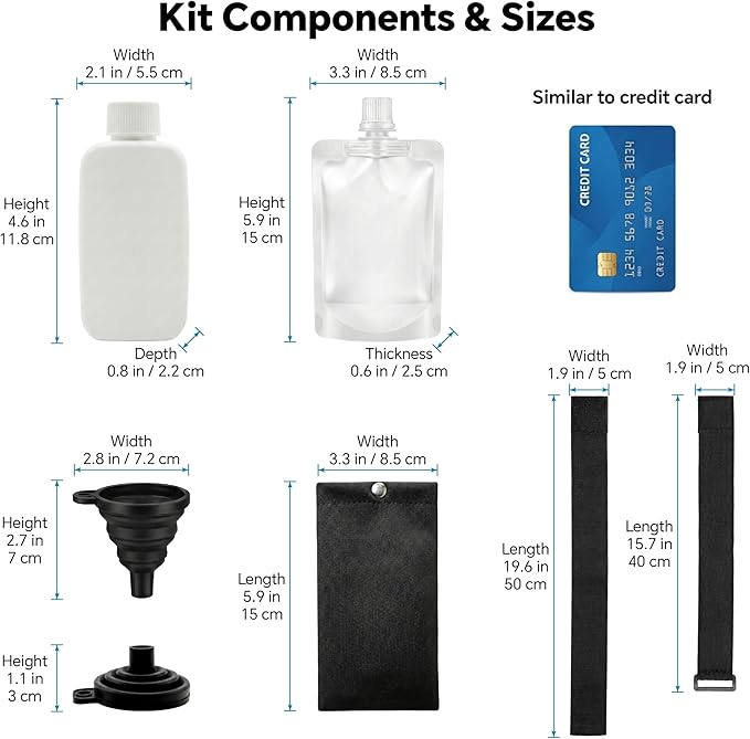20 Pcs Urine Test Complete Kit - 10 Urine Temperature Strips, 2 Slim HDPE Bottles, 4 Disposable Water Bags, Hi-Stretch Hidden Strap & Foldable Funnel，Urine Bottle Kit Test Practice at Home