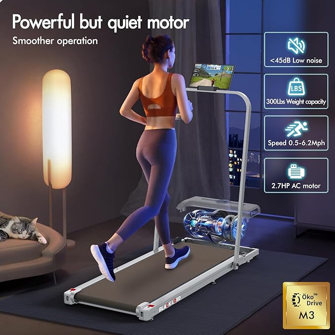 BLACK LORD Walking Pad with Handle Bar, 2.7 HP Quiet Foldable Under Desk Treadmill with Bluetooth Speaker, Portable Running Treadmills for Home, LED Display, App/Remote Control, 330 lbs Capacity