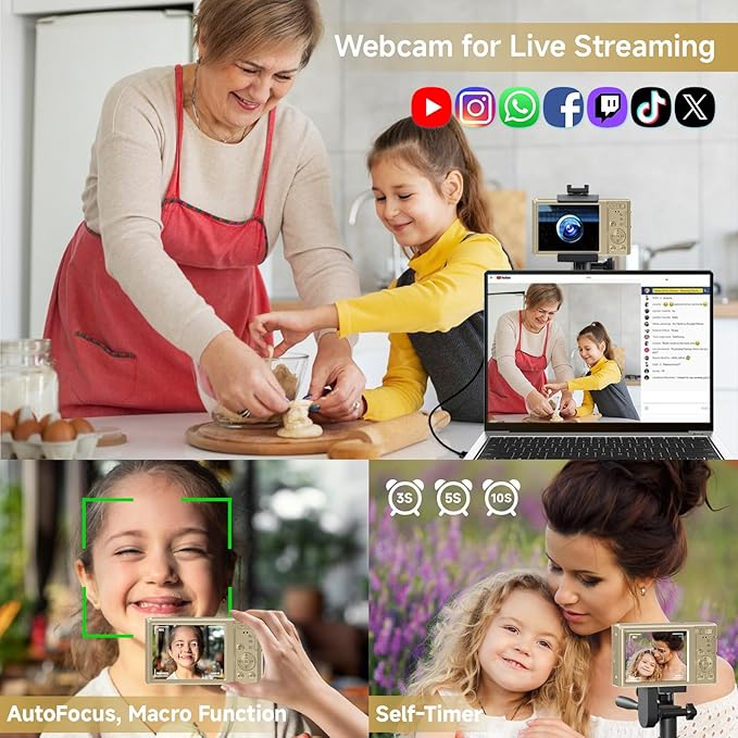 Digital Camera, 2026 FHD 4K Autofocus Digital Camera with 64GB SD Card 16X Digital Zoom, Gold Cameras for Photography Portable Compact Point and Shoot Camera for Teens Adult Kids Gift