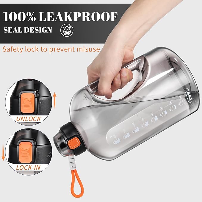 64 OZ Water Bottle with Straw, Half Gallon Water Bottle Times to Drink, Reusable Leak Proof Water Jug Handle with Strap, 2 Lids BPA Free for Fitness Gym Camping (Grey, 64 Ounces)