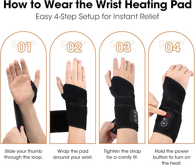 Cordless Wrist Massager for Carpal Tunnel Relief, Hand Massager with Heat, Heated Wrist Massager, Wrist Heating Pad for Pain Relief, Heated Wrist Wrap for Pain, With Red Light, 3 Heat & 3 Massage Modes, Black