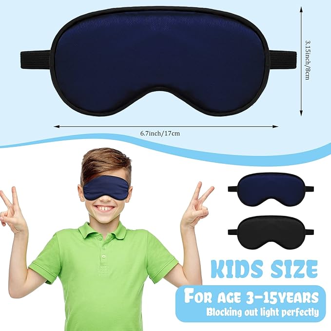 Sintege 4 Pcs Silk Eye Mask for Sleeping Kids Soft Eye Cover with Adjustable Strap Blindfold for Kids Boys Girls Christmas Travel Gift Nap Shade Blocking Light(Black, Navy Blue)