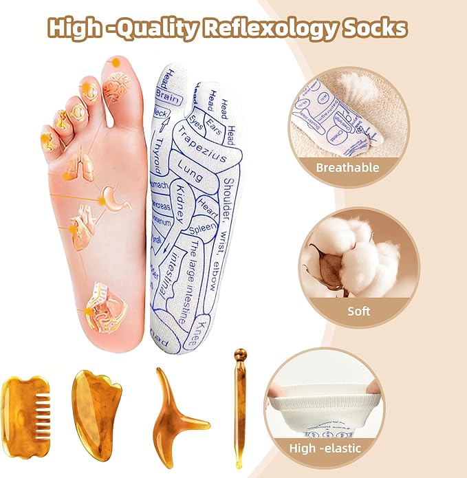 Reflexology Socks & Acupressure Tool - 2 Pair Chiro Socks with Pressure Point Massage for Muscle Tension Relief, Storage Bag Included