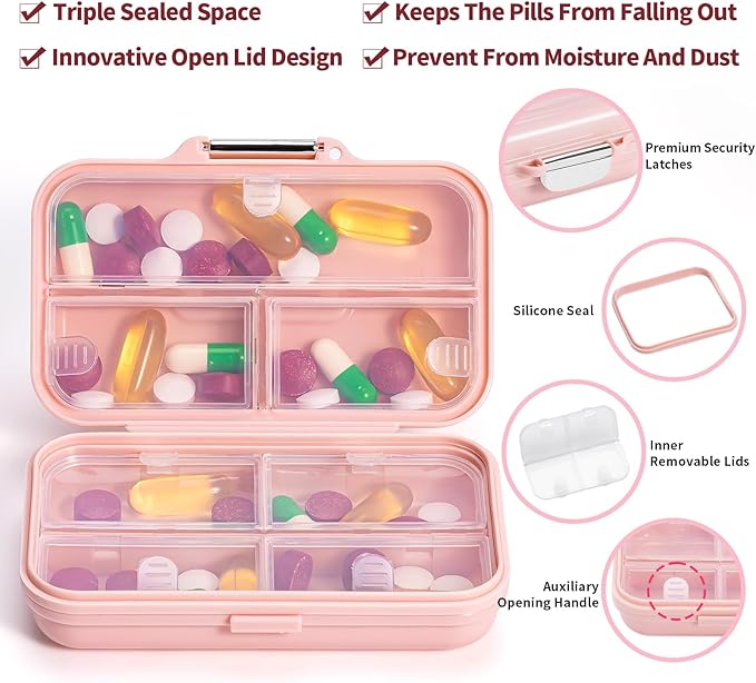 Daviky Travel Pill Organizer,Large 7-Compartment Pill Box for Vitamins & Medications, Compact Medicine Case for Pocket or Purse(Pink)