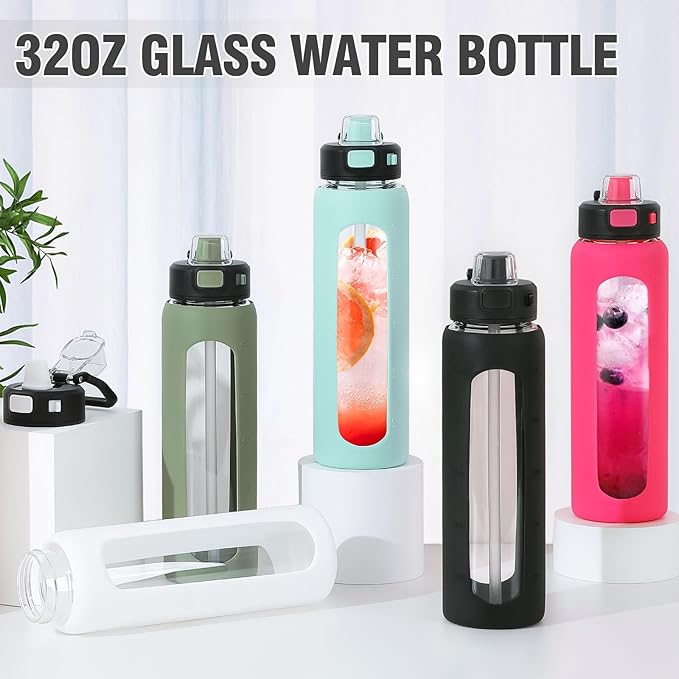 Kodrine 32 oz Glass Water Bottle with Straw and Carry Loop, One-Touch Leakproof Locking Lid, Reusable Drinking Bottle with Time Marker for Travel Home Gym Sports (Black)