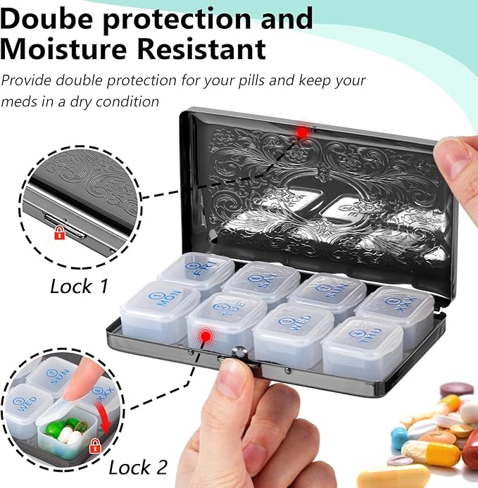 Pill Organizer 7 Days 8 Compartments, Travel Metal Pill Box, BPA-Free Portable Pill Box (Pattern Black, Large)