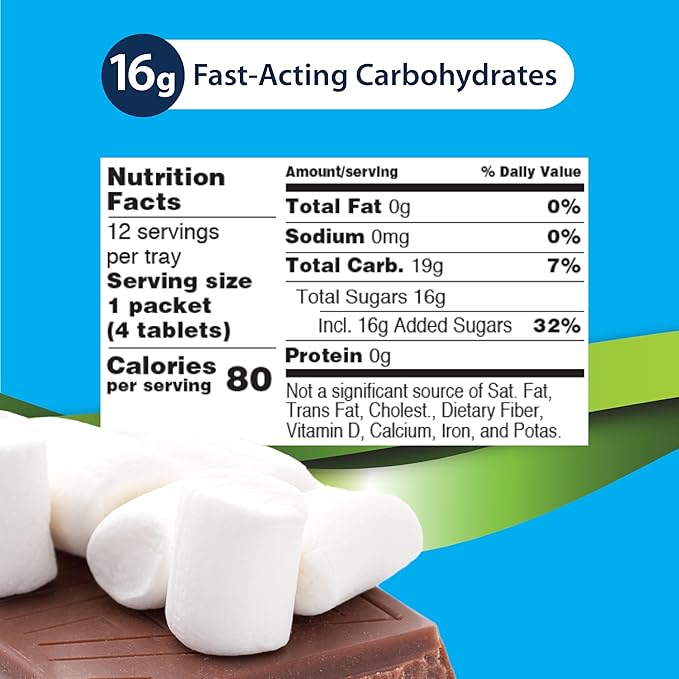 TRUEplus Soft Tabs Glucose Tablets, Chewable, Chocolate Marshmallow Flavor, 16g Fast-Acting Carbohydrates, Fat Free, Gluten Free, Raise Low Blood Sugar and Boost Energy, 4 Count, 12 Packs