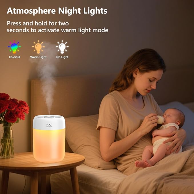 FUWANG Portable Mini Humidifier, 650ml Small Cool Mist Humidifier, USB Personal Desktop Humidifiers for Bedroom Travel Office Home Car Indoor Plants, 2 Mist Modes Quiet, Auto Shut-Off, White