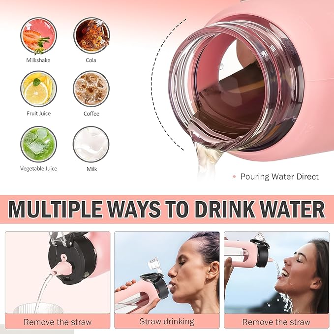 Kodrine Water Bottle With Straw and Carry Handle, Glass Water Bottle 24 oz Leak Proof Locking Lid with Soft Silicone Spout, Reusable Drinking Cups for Travel Sports with Time Marker,Pink