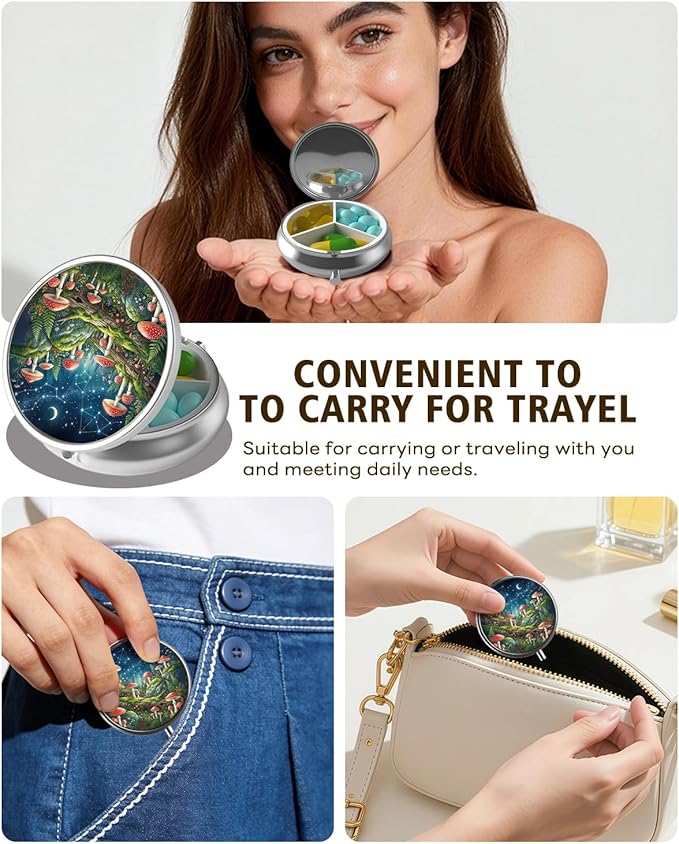 LRITER Pill Case, Portable Travel Pill Box, Pillbox Organizer, Cute Small Medicine Storage Container, Purse Accessories for Women, Men (Mushroom)