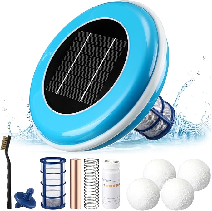 Qualirey 1 Set Solar Pool Ionizer Floating Water Cleaner and Purifier, Kill Algae in Pool, 85% Less Cl, with 4 Pcs Eliminating Ball for Fresh and Salt Water Pools Spas, Reusable(Blue)