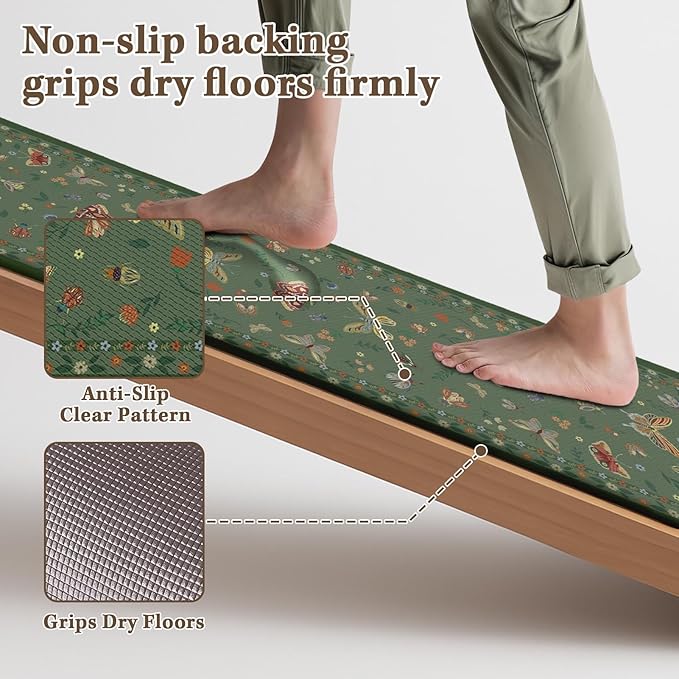 Arttown Kitchen Mats for Floor 2Pcs-Anti Fatigue Non Slip Mats for Kitchen Floor, Cushioned Waterproof & Stain-Resistant Boho Floral Mat Set, Laundry Room, Office, Sink, Desk (Green)