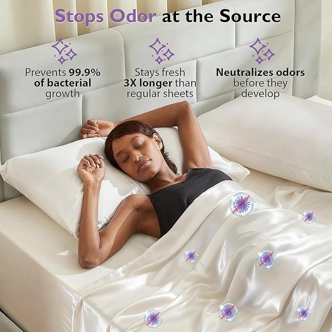 Silver Infused Bed Sheets, Cooling Sheets 3X Self-Cleaning with Mulberry Silk & Viscose Derived from Bamboo, Natural & Anti-Odor, Hypoallergenic Bedding for Hot Sleepers & Sensitive Skin - CK Set