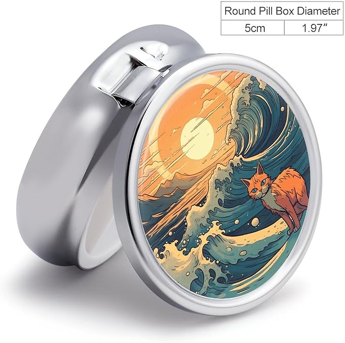 Anime Style Cat Pill Box Travel Pill Case for Purse Pocket Weekly Medicine Organizer with Mirror 3 Compartment Round Medicine Case Portable PillcaseHolder for Daily