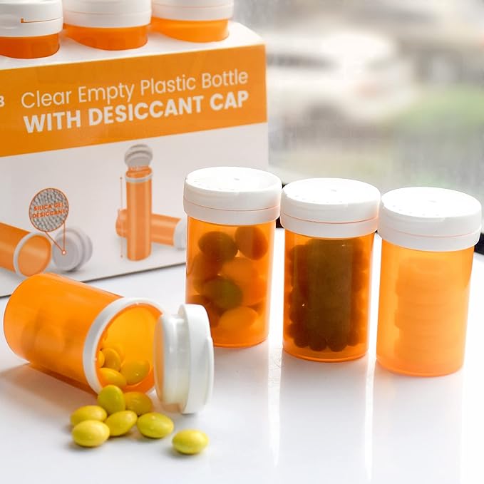Pill Bottle with Desiccant Cap, Medicine Bottle, Pill Bottles Empty with Caps, Empty Pill Bottles (6 Dram, 24 Pack)