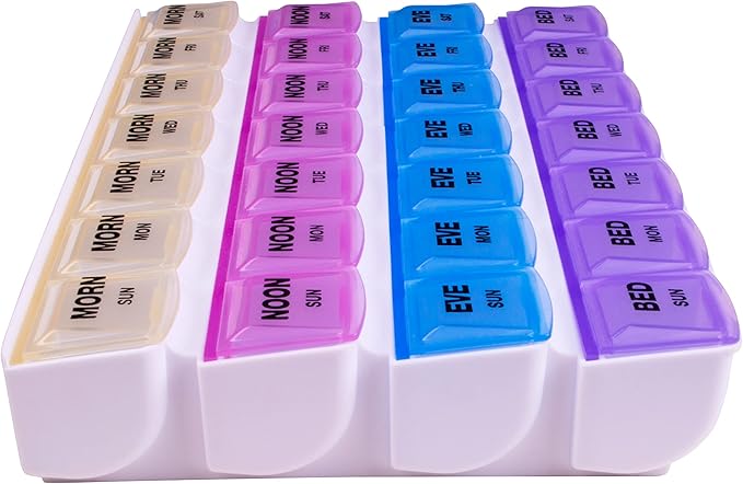 Apex 7-Day Mediplanner Pill Organizer, Weekly Pill Organizer, 4 Times A Day Color-Coded, Easy-Open, See-Through Lids, Organize Medication Or Vitamins by AM, PM, Evening and Bedtime