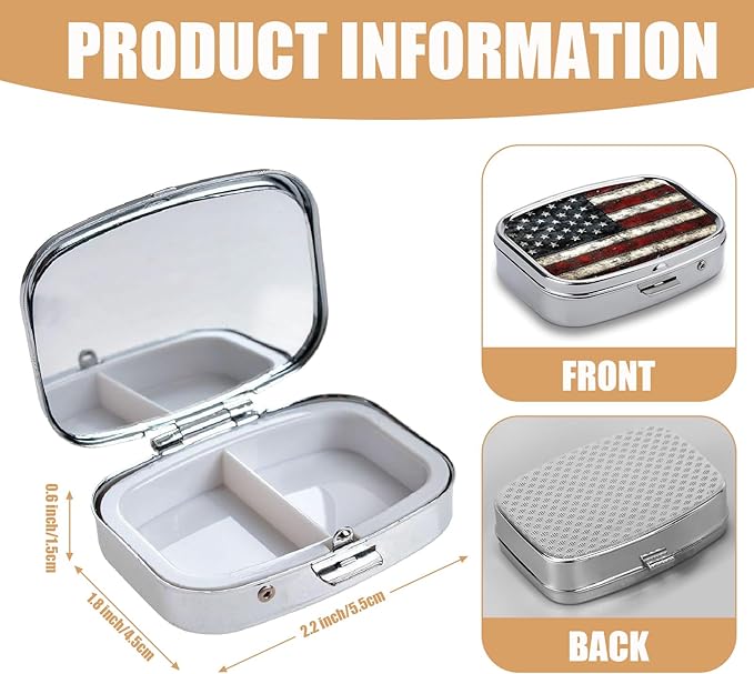 Pill Box-2 Compartment Small Pill Case Square Organizer Case with Mirror Portable Metal Medicine Box Travel Container for Pocket & Purse Women Men(Vintage American Flag)