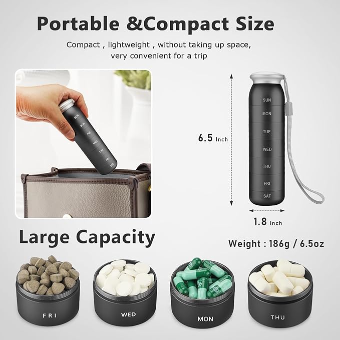 Weekly Pill Organizer, Portable Travel 7 Day, Waterproof Container, Large, Aluminum, Metal, Hold Vitamins, Cod Liver Oil, Supplements and Medications (Black)
