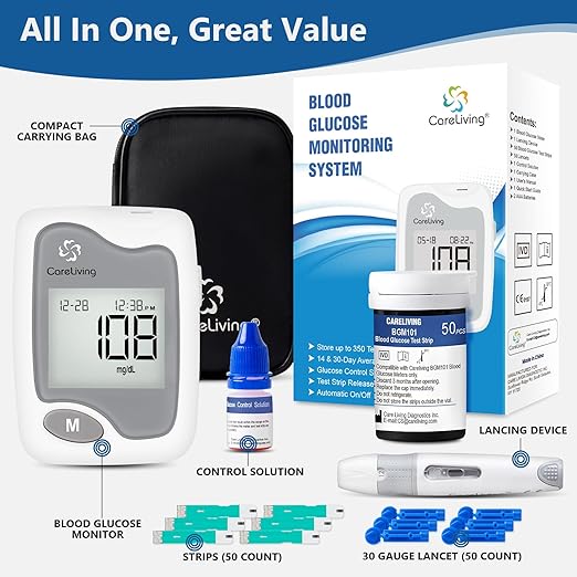Blood Glucose Monitor Kit, 50 Test Strips, 50 Lancets, 1 Blood Glucose Meter, 1 Lancing Device, Diabetes Testing Kit, Portable Blood Sugar Test Kit, Glucometer Kit for Home