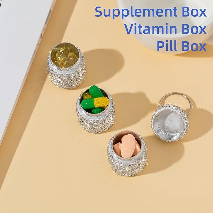 Keychain Pill Holder Box Travel Small Pill Case Bling Portable Purse Medicine Case Container Metal Pill Organizer Fob for Vitamin Medicine（Red