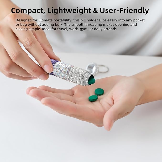 3 Compartment Small Pill Holder Keychain Bling Pill Container with Key Chain Travel Pill Organizer Medicine Box for Women (White+AB+Purple)