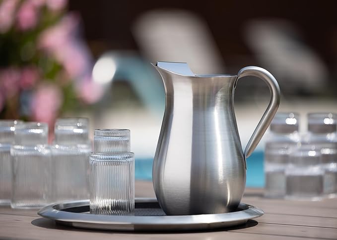 Service Ideas WPB2BS Water and Cold Beverage Pitcher with Built-in Ice Guard, Bell Shaped, 2 Liter (66.6 ounces), Dishwasher Safe, Brushed Stainless Steel