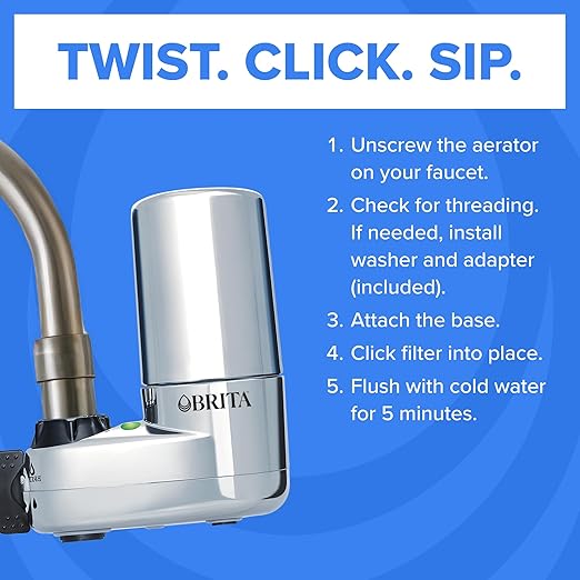 Brita Faucet Mount Water Filter System, Chrome, No-Wait Filtration, Easy Install, Multi-Use Tap Water Filter for Kitchens, Bathrooms & Small Spaces