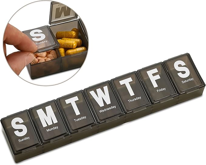 Weekly Pill Organizer - Extra Large with Easy to Read Jumbo Letters Vitamin Container, BPA Free - Daily Travel 7 Day Medication Pill Box Case, (Black, Case of 100)