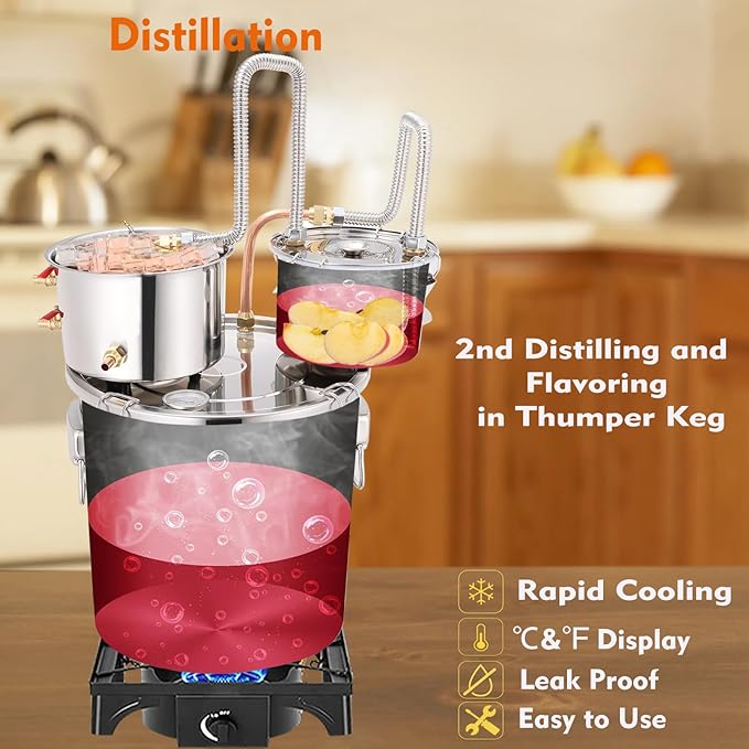 Shine Still 8 GAL 3 Pots Distillery Kit for Alcohol Stainless Steel Copper Tube Complete with Thumper Water Pump Metal Thermometer Fermentation Airlock Distilling for Whiskey, Brandy etc.