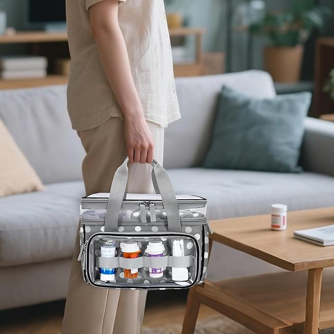 LUXJA Double-Layer Medicine Bag with Transparent Compartment, Pill Bottle Organizer with Detachable Divider (Suitable as a Home or Travel Medicine Bag), Polka Dots