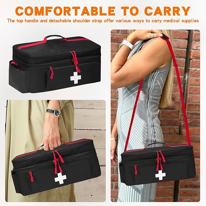 Boczif First Aid Kit, First Aid Storage Carry Bag, Pill Bottle Organizer for Emergency Trauma Medical Kits Supplies Waterproof, Ideal for Home, Travel, Outdoor, Camping (black with shoulder strap)