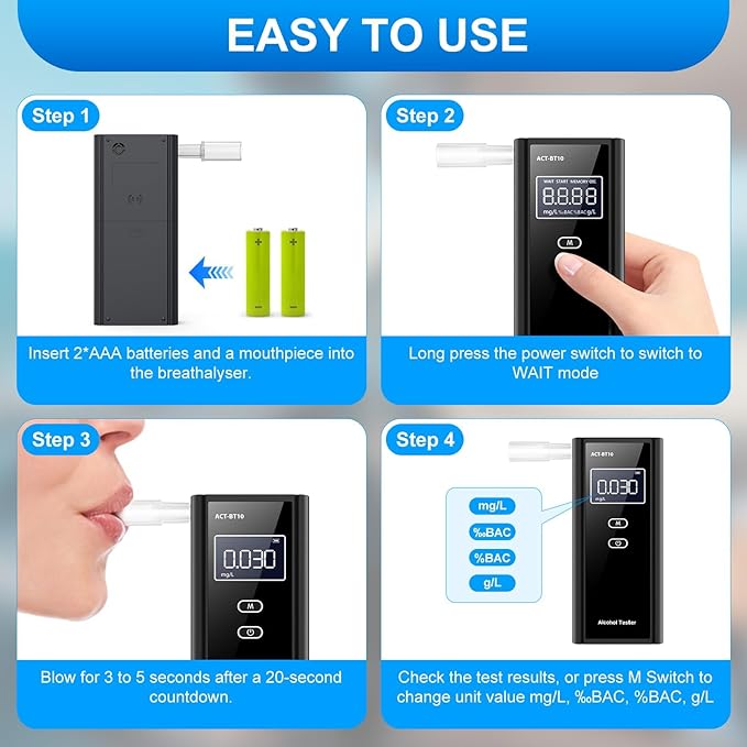 Portable Breath Alcohol Monitor – Personal-Use LCD Breath Checker with 10 Mouthpieces, Compact Device for Home, Car, Party Safety Awareness