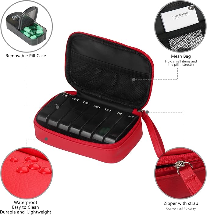 Weekly PU Leather Pill Bag Organizer Case 2 Times a Day, AM PM Daily Pill Box to Hold Vitamin, Fish Oil, Supplements and Medicine (Red)