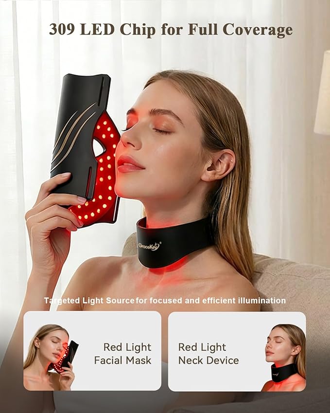 Gracekey Red Light Therapy for Face and Neck, 7-in-1 Colors LED Facial Light Therapy Mask with Neck Masks, 2000mAh Rechargeable Light Therapy with Timer for Home Use