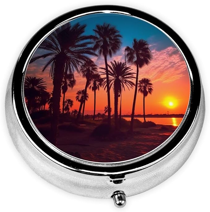 Palm Tree Sunset Pill Case 3 Compartment Pill Box Portable Metal Pill Organizer Cute Travel Pill Container Vitamin Organizer for Purse Pocket Travel Gift