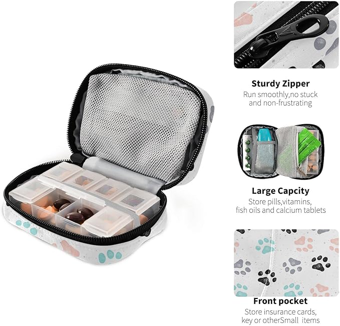 Dog Paw Pill Box 7 Day Pill Case Travel Pill Organizer Bag with Zipper Portable Weekly Vitamin Medicine Supplement Holder Pouch Bag