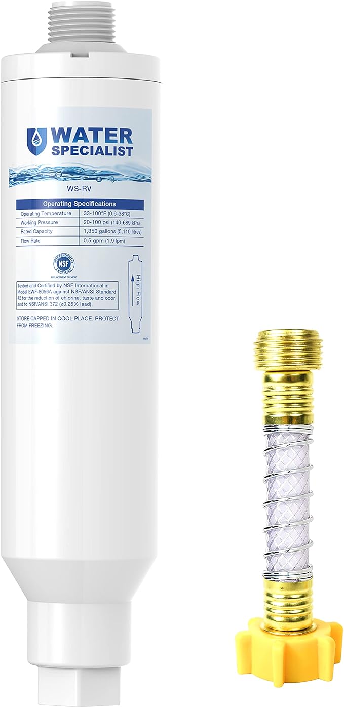 Waterspecialist RV Inline Water Filter, NSF Certified, Reduces Chlorine, Bad Taste and Odor, Rust, Corrosion, Sediments, and Turbidity, Dedicated for RVs, 1 Pack Water Filter with Hose Protector