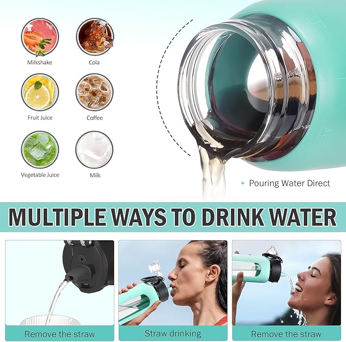 Kodrine Water Bottle With Straw and Carry Handle, Glass Water Bottle 24 oz Leak Proof Locking Lid with Soft Silicone Spout, Reusable Drinking Cups for Travel Sports with Time Marker,Light Blue