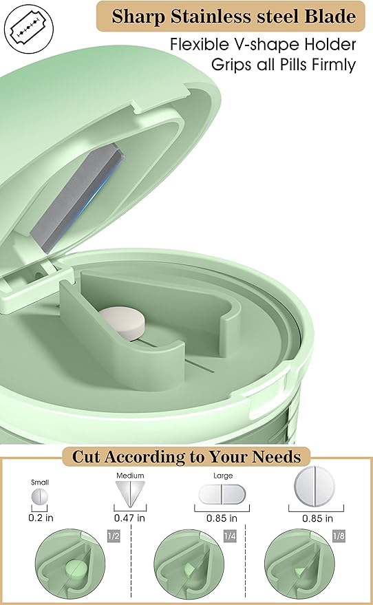 Pill Cutter Splitter with Dispenser, Pill Cutter for Small or Large Pills, Crushes Pills, Vitamins, Tablets, Stainless Steel Blade, Removable Drinking Cup (Green-1)