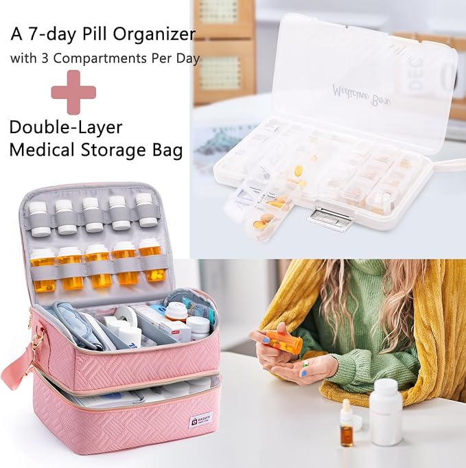 BAGSFY Travel Medicine Bag Organizer with Weekly Pill Organizer 3 Times A Day, 7-Day Pill Box AM & PM Pill Organizer, Medication Organizer Storage, First Aid Bag, Pill Bottle Organizer with Pill Case