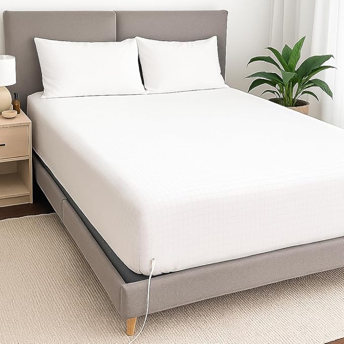 Organic Grounding Bed Sheet Kit – Fitted Earthing Sheet (95% Cotton, 5% Silver Fiber) with 15ft Cord, Safety Outlet Tester & Conductivity Pen – by TerraTouch (Desert Ivory, Twin)