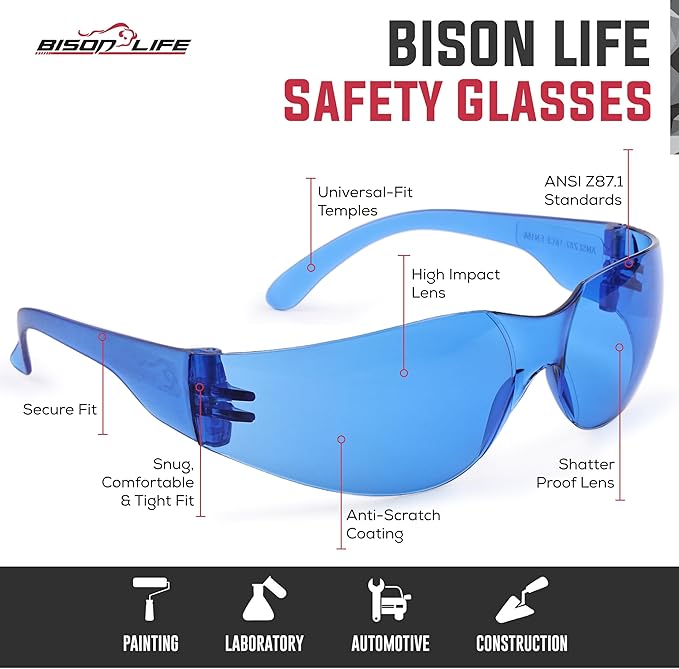 BISON LIFE Safety Glasses - Scratch Resistant Wrap Around Eyewear, Polycarbonate ANSI Z87.1 Impact Resistant Lens