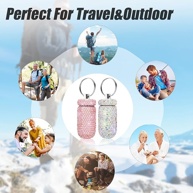 2 Pack Portable Pill Case Bling Rhinestone Pill Container Box Waterproof Medication Holder Organizer Bottle with Keychain for Outdoor Camping Travel Purse Pocket