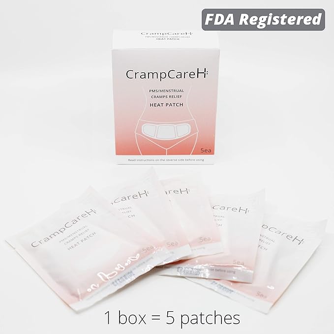 (5 Patches) CrampCareH PMS/Menstrual Cramps Relief Heat Patch with Wide Wings, FDA Registered