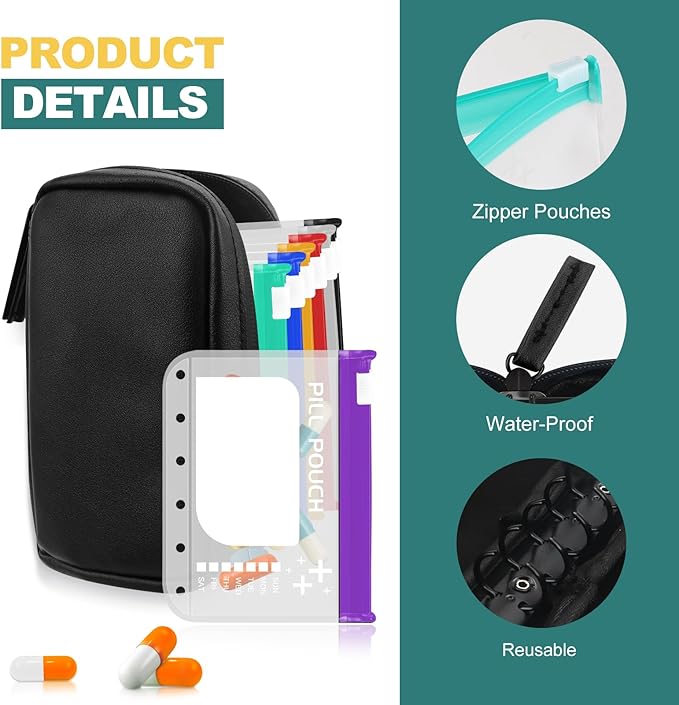 Water-Proof Pill Pouch Set， Large Pill Organizer, Pill Loose-Leaf Storage with Color-Coded Medicine Pouches,BPA Free, Reusable Travel Medicine Organizer， Zippered Pill Organizers Weekly