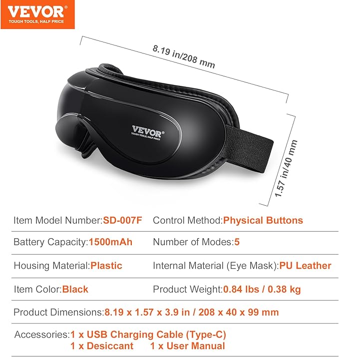 VEVOR Heated Eye Massager - 5 Modes, Bluetooth Music, Foldable, Ideal Gift for Parents, Black