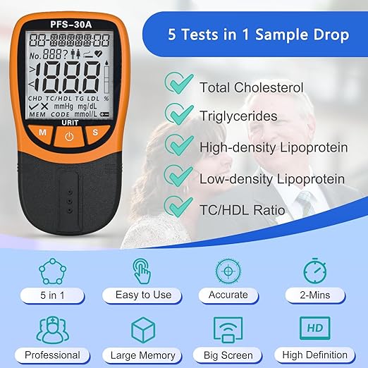 5- in-1 Lipid Test Kits with 10 Test Strips, Cholesterol Test Kits, Cholesterol Tester Meter Kit at Home, (All-in-One 10ea x Profile 5-in-1 Lipid Test Strips Included)